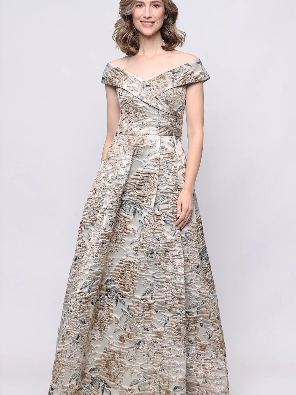 Alex Evenings Off-Shoulder Floral Jacquard Gown-Taupe Multi color with pockets